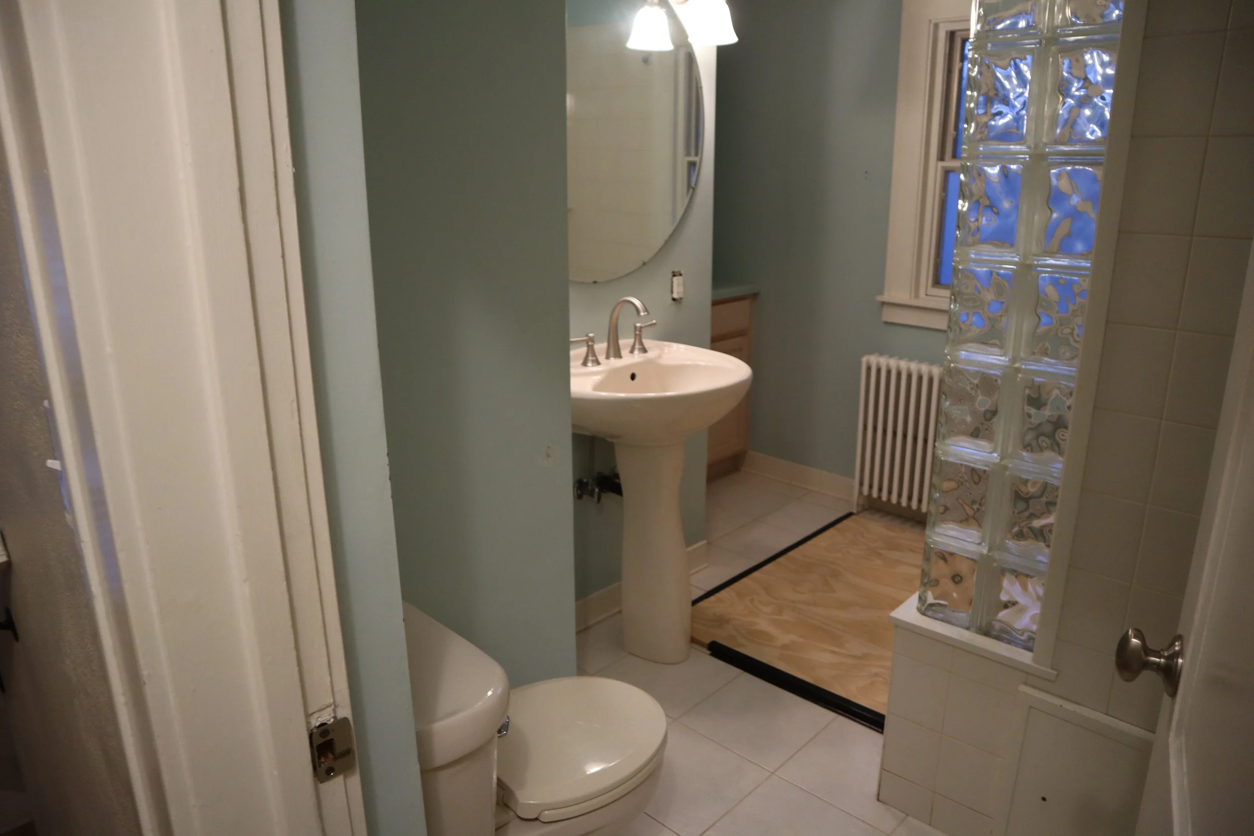 Before-1980's Style Mirror, Pedestal, Toilet and Radiator
