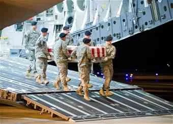 Dignified transfer of a fallen soldier arriving at Dover Air force Base photo credit: US Air Force mortuary affairs operation