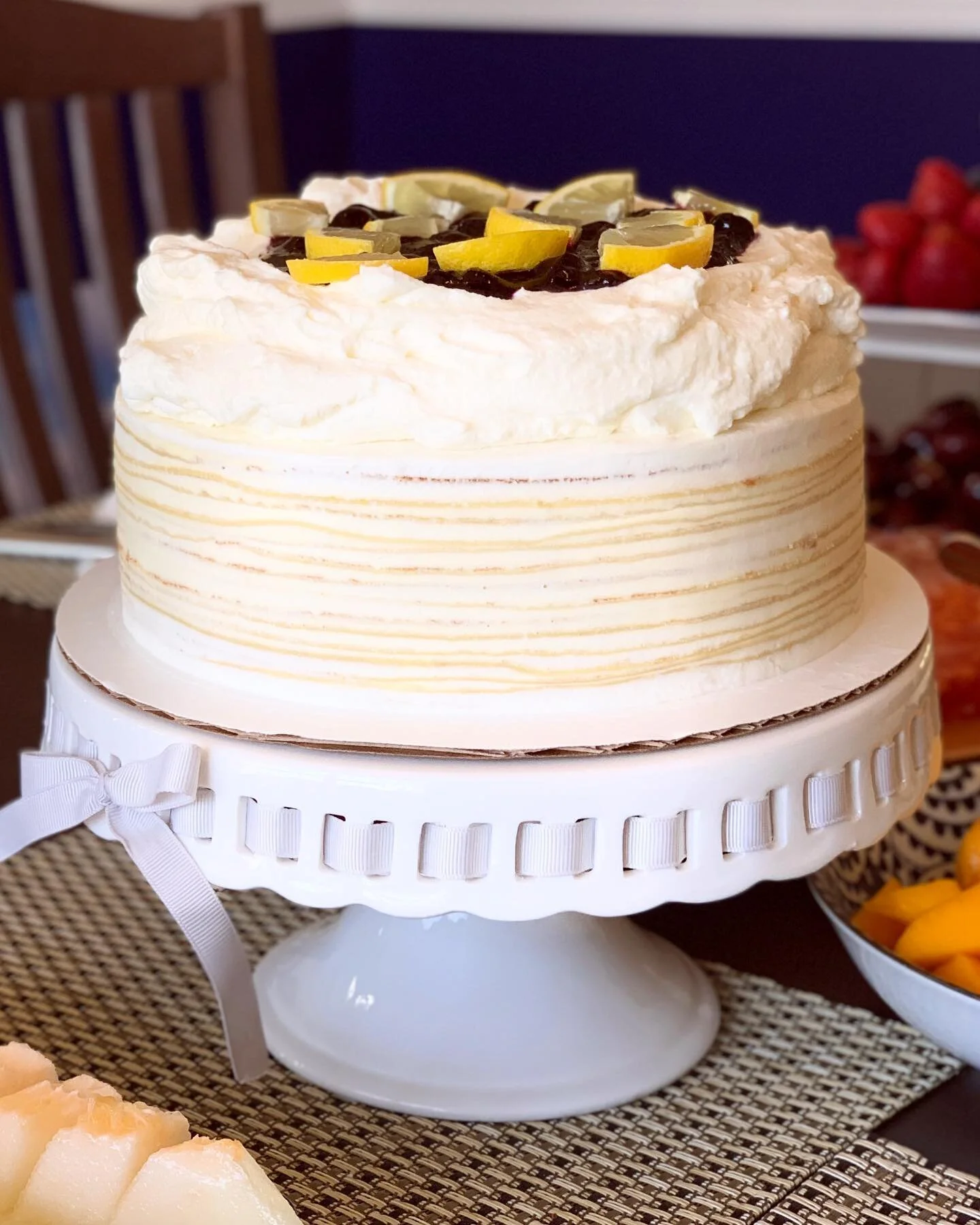 Lemon blueberry crêpe cake! 🍋💙
Delicate lemon zest crêpe layers filled with diplomat creme and topped with mascarpone whipped cream and sweet blueberry compote. 
.
.
.
#crepecake #millecrepe #millecrepes #crepes #lemonblueberry #cake #birthdaycak