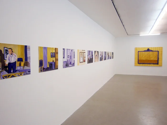 The Time Element - Solo Exhibition, Hamidrasha Gallery, Tel Aviv, Israel , 2012 The Time Element - Solo Exhibition Hamidrasha Gallery, Tel Aviv, Israel, 2012 This group of paintings is based on the pilot episode for the television show The Twilight Zone from 1958. The plot presents a man going to a psychiatrist regarding dreams in which he is traveling back in time to a moment just before the Pearl Harbor attack. The Twilight Zone television show dealt with things that are beyond our rational reality perception, in the vague boundaries of our consciousness. Ben-Ari is interested in authority of knowledge, reality and truth, and in progression over a non-continuous time sequence. Reality that exists on the edge of knowledge, and in moments when our entire perception is being put to the test. In a sense, the painting becomes a machine and the painter a time traveler. The journey of the painting is on one hand into the pilot - and on the other - from the abstract to the concrete, and back. Boaz Arad, curator March 2012