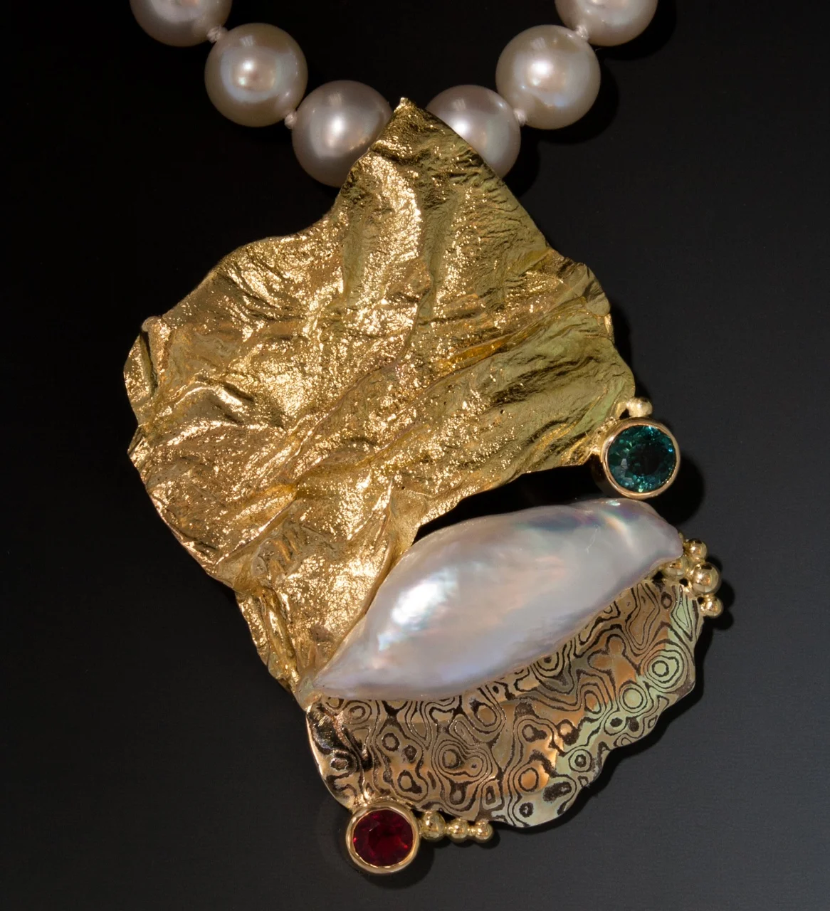  14 karat gold, 18 karat gold, 22 karat gold and sterling silver mokume, pearl, tourmaline&nbsp; 