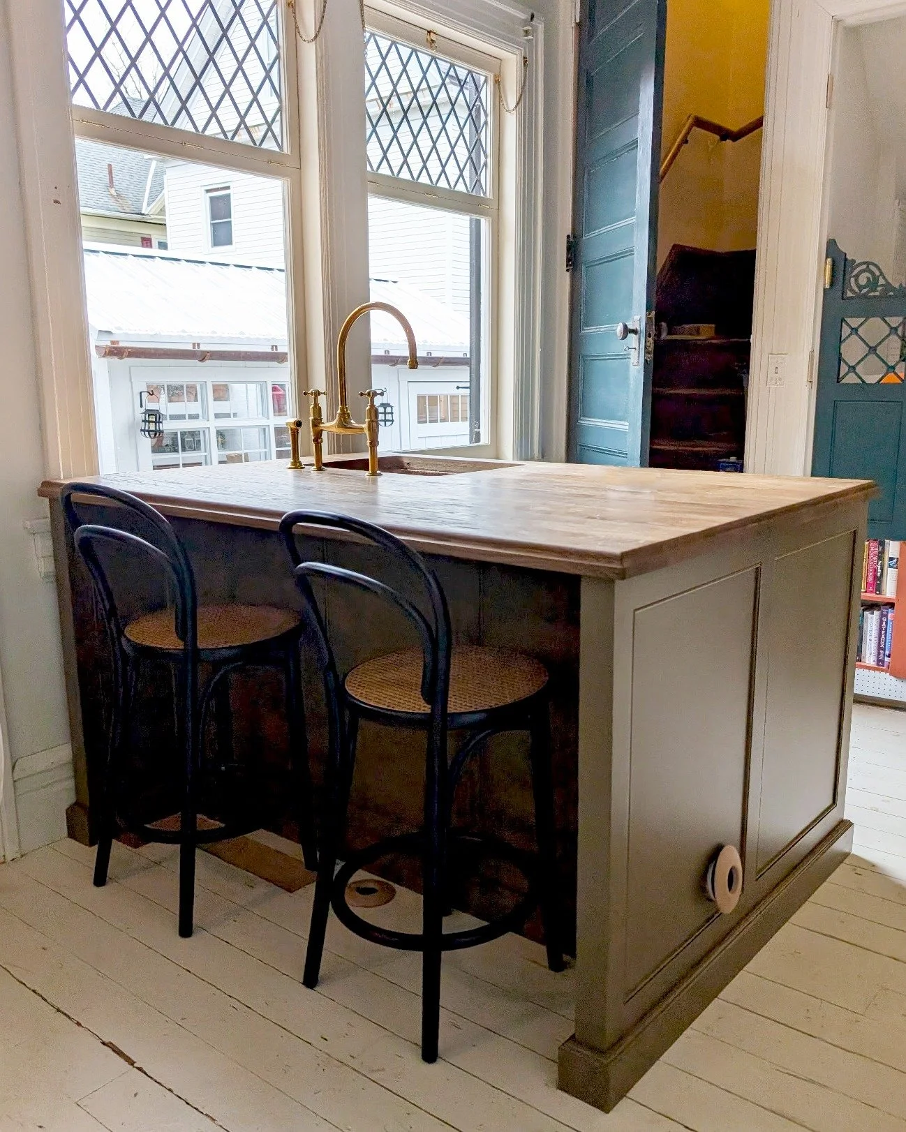 ✨ Island in the Dream... We gave this tiny kitchen in Kingston&rsquo;s Rondout neighborhood a major glow-up by making smart use of every inch (swipe to see the before in photo 4). The client wanted to preserve the Victorian soul of the home, so we de