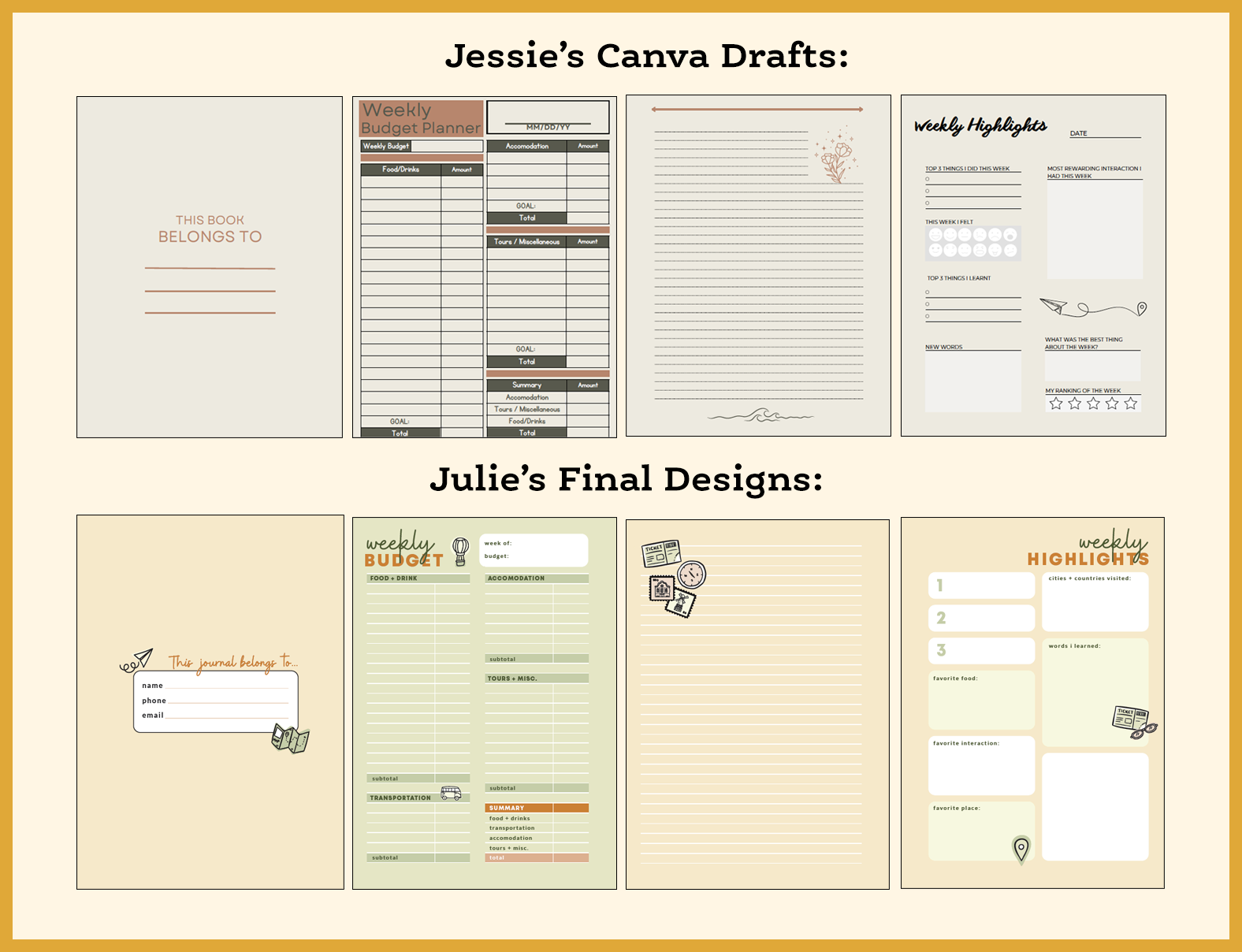 Jessie's drafts and Julie's final designs