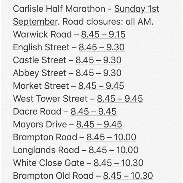 Good Luck to all the Runners this Sunday - here are the road closures that you might need to negotiate on your way to join us at the Hub - toot toot! #carlislehalf #welovecarlisle #goodluckrunners #besafe