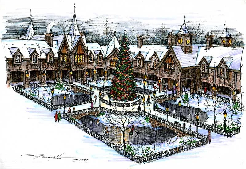 Looking down upon Brad's 1999 concept drawings for the Parrish Germantown office/retail business park. A self contained complex with fine restaurants, galleries and retail spaces all located on the lower lever and business offices all located on the upper level. In summer the center area becomes a large gazebo with summer entertainment such as music etc.