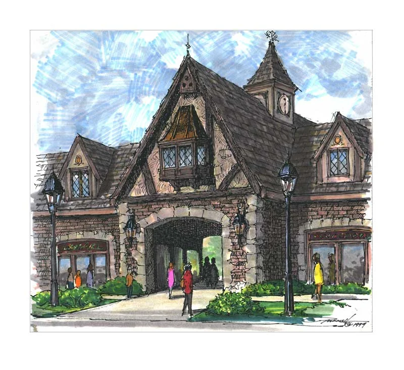 Brad's renderings above and below are views ofthe Parrish Germantown office/business complex as seen from the outside of the complex from his sketch books.