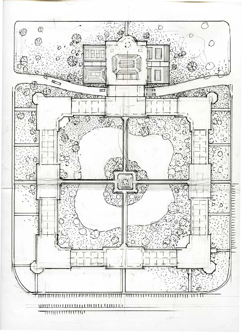 The drawings above are sketches from Brad's sketch book of an areal and some perspective views of the Parrish Germantown Business/retail complex designed and drawn in the late 1990's..