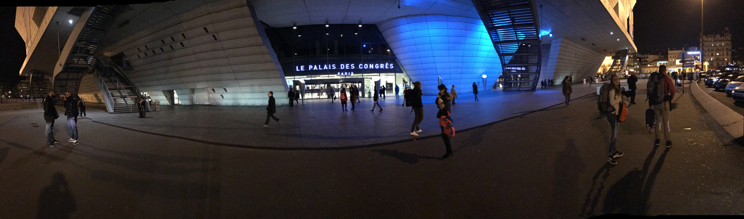 The Palais des congrès de Paris lit up at night. Taken an hour before the show started.