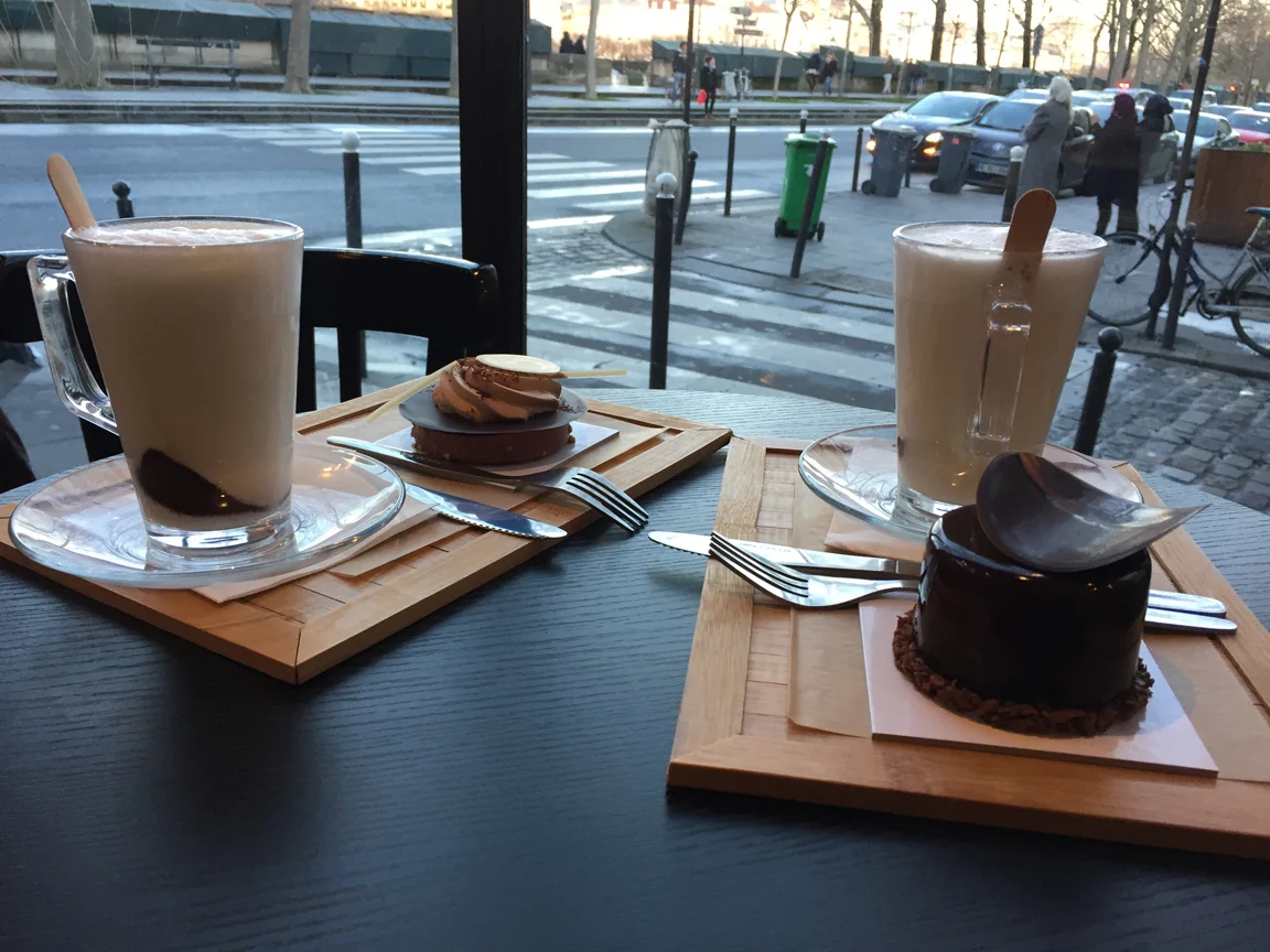 Some hot chocolate on a cold and rainy day at a pastry shop across from Notre Dame.