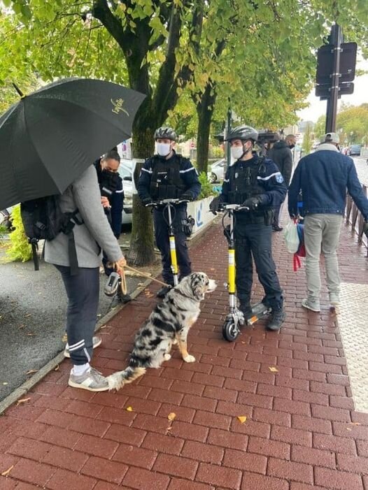 Two French Police Officers on Electric Scooters talking with the public on a pavement.