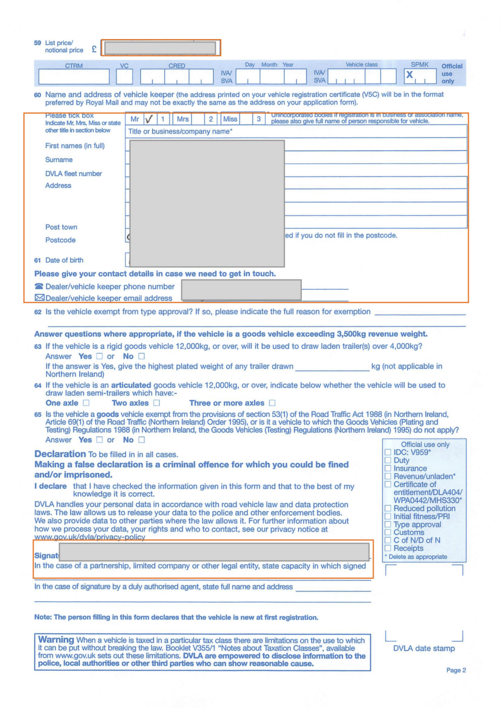 DVLA V55/4 Application Form Second Page to Apply for a PLEV to be Registered as an Invalid Vehicle.