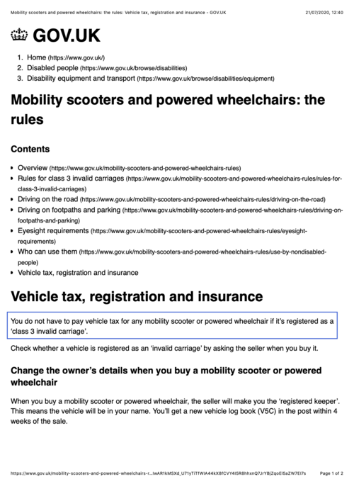 UK Government Guidance Vehicle Tax Requirements for Mobility Scooters.