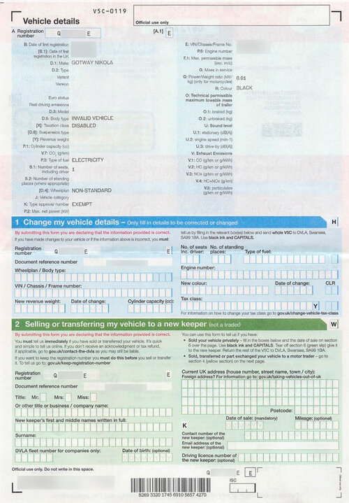 DVLA V5C Vehicle Registration Document Second Page Showing a PLEV Registered as an Invalid Vehicle.