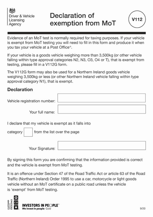 DVLA V112 Declaration of Exemption from MOT Form for Invalid Carriages Page 1 of 2.