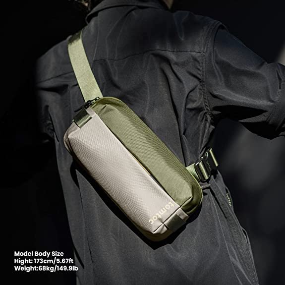 Person walking wearing a olive green tomtoc 8 inch Explorer sling bag on their back.jpg.jpg
