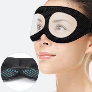 onaez travel eye mask being worn by lady showing open eyes due to recessed eye sockets
