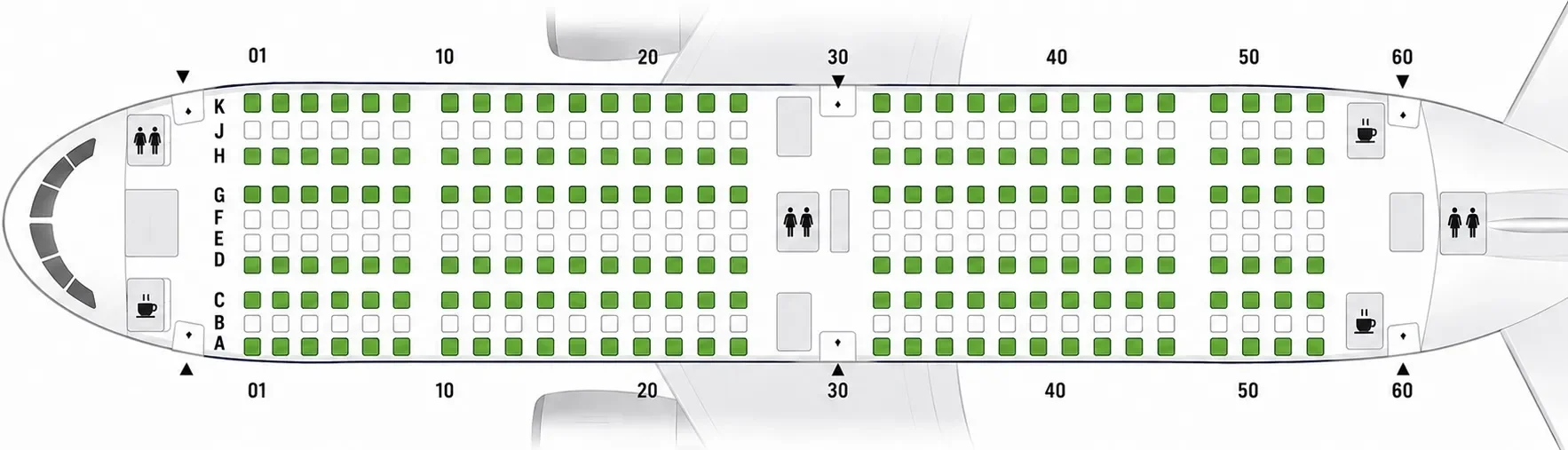 economy seat map showing the best plane seat sleep positions for long-haul flights, including window seats, aisle seats, bulkhead seating, and exit row seating in a 3-4-3 layout.