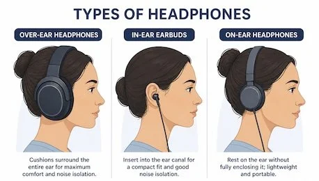 Diagram comparing over-ear, in-ear, and on-ear headphones showing how each fits on or in the ear