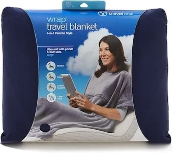 Travelrest WRAP 4-in-1 travel blanket packaging showing poncho-style design and features