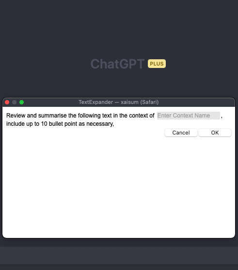 chatgpt prompt screen showing a textexpander snippet fill-in field dialog box requesting input