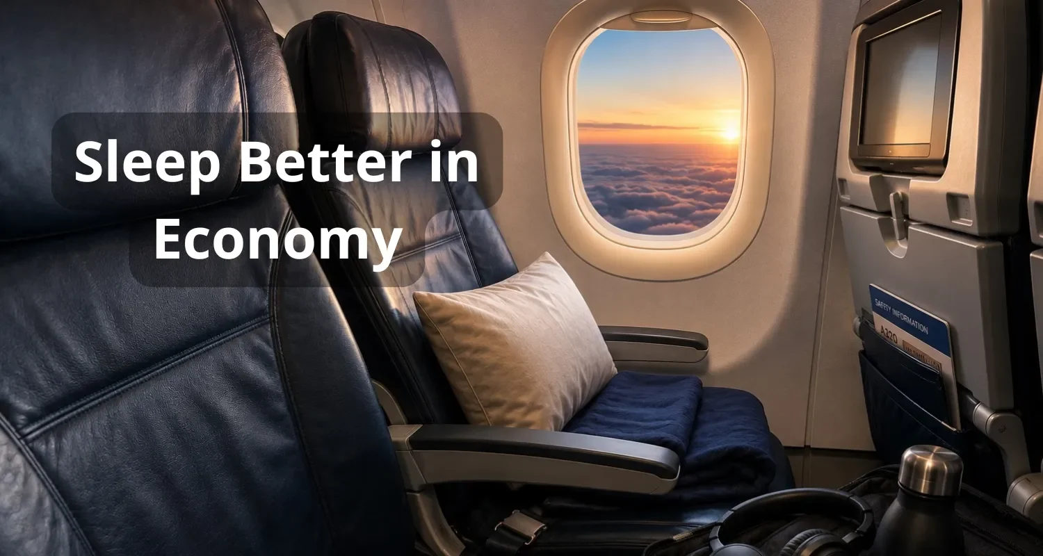 Economy class airplane seat setup with travel pillow, blanket, headphones, and in-seat travel essentials for sleeping comfortably on a long-haul flight.
