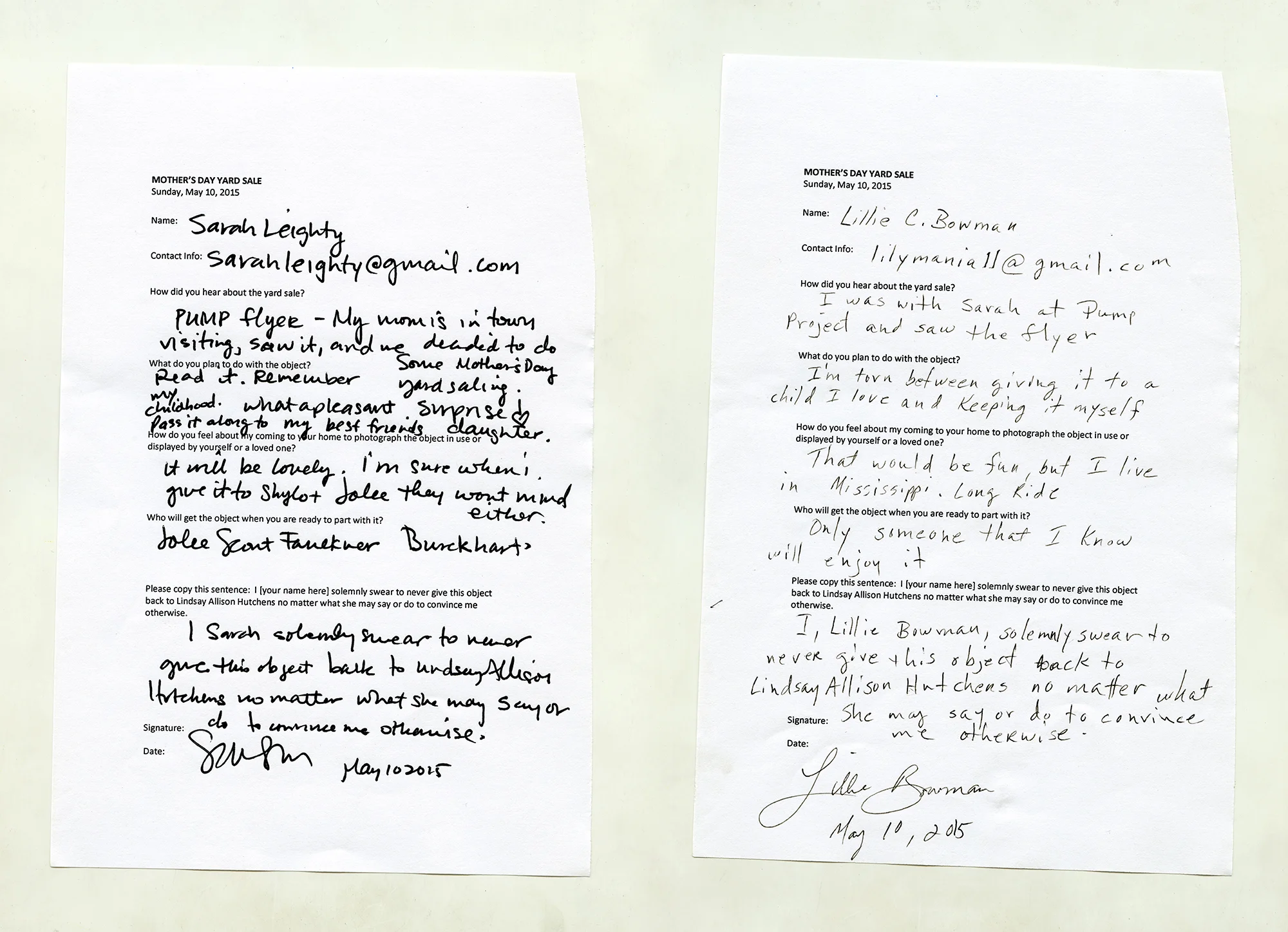 Original questionnaires , 2015 laserjet paper and rollerball pen ink approximately 5.5 x 8.5 inches from the series Heirless