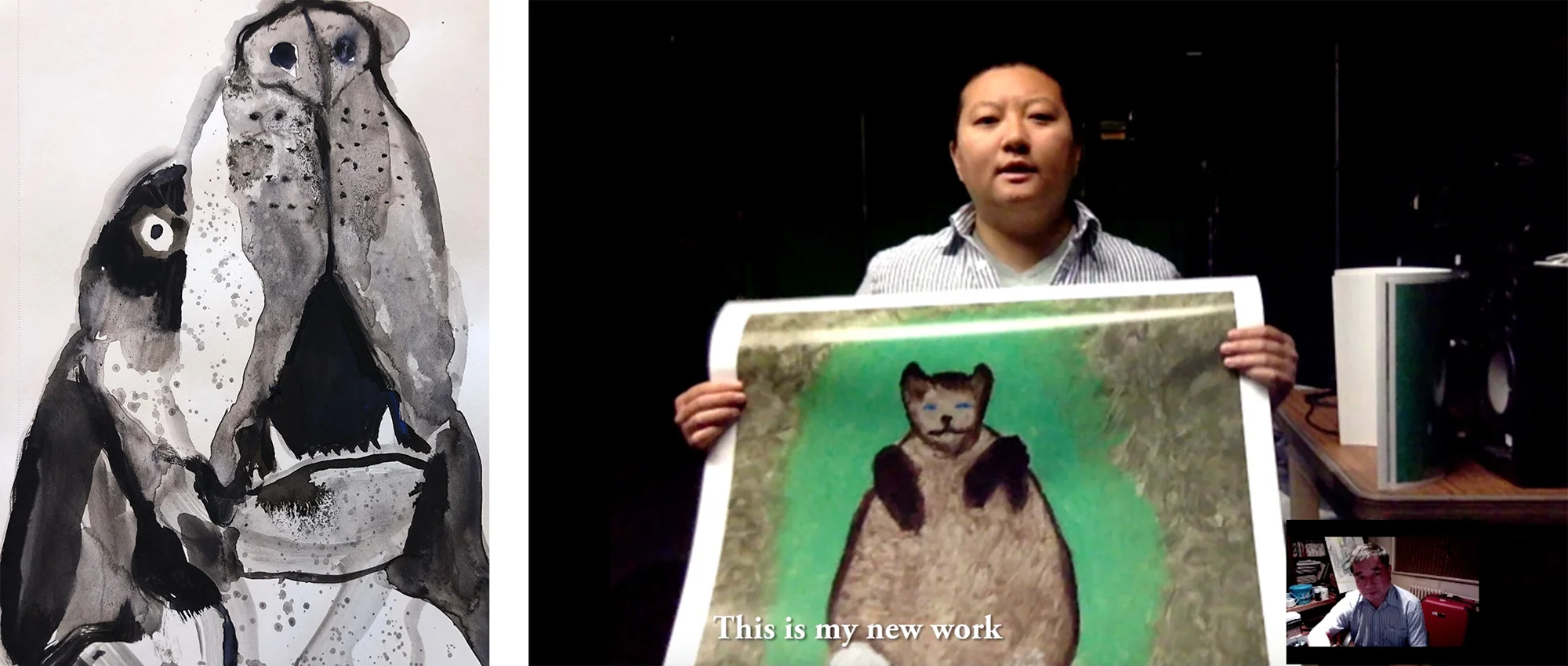 Kelly Neibert, Howl 5 , 2018; Zhiyuan Yang, still from Yang’s Cat Family , 2017