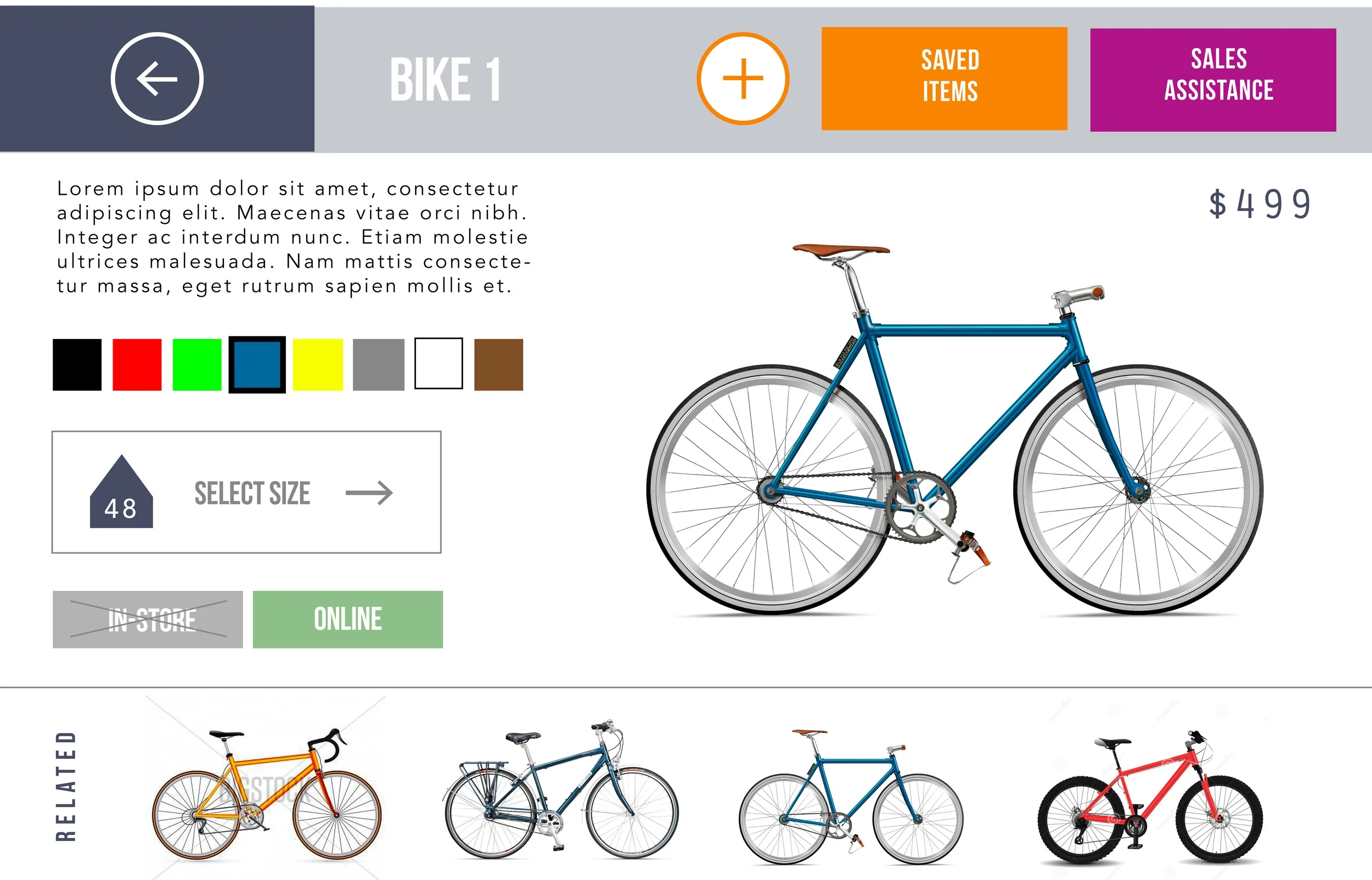 Product page, which includes a color select option, sizing option, and notifies the user if the bike is in-store or available online. This page also presents related products to the user.