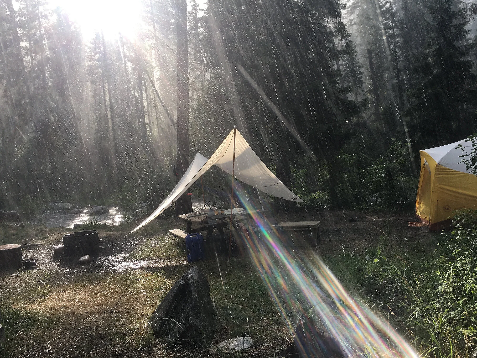  Campsite during a brief sun shower on the Selway River, Idaho. 