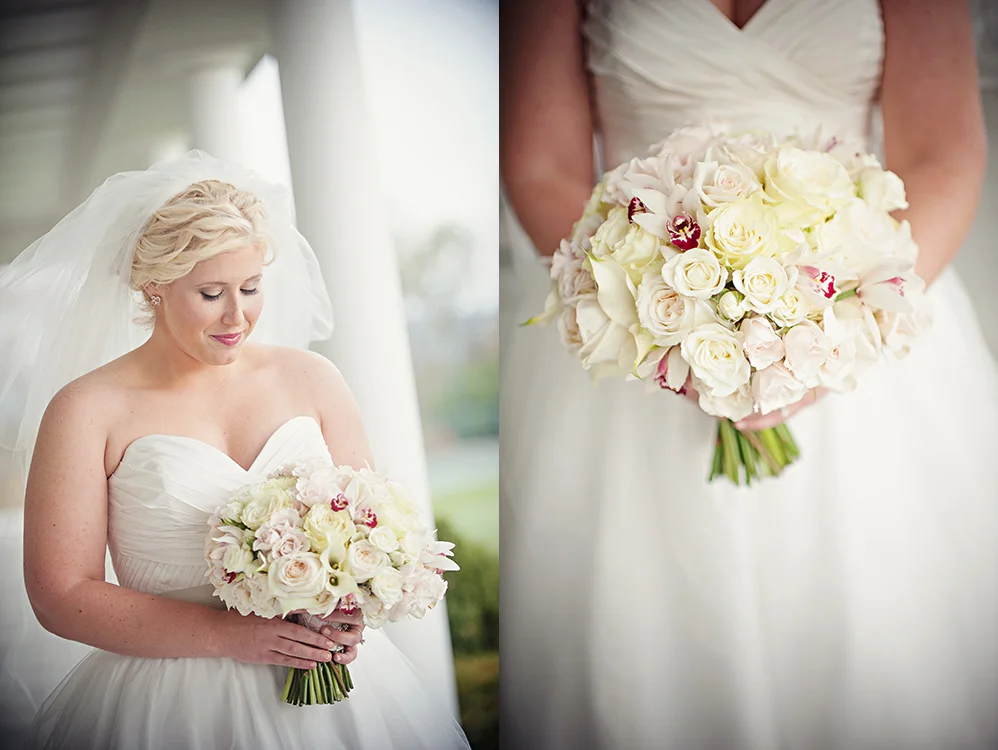 Bridal bouquet with white hydrangea, white mini callas, Snow Flake spray roses, white mini cymbidium orchids, Mondial roses, White O’Hara garden roses, Porcelina spray roses and White Majolica spray roses. Flowers by Cincinnati wedding florist Floral Verde LLC. Images by Leah Robbins Photography . Dearborn Country Club, Aurora, IN.