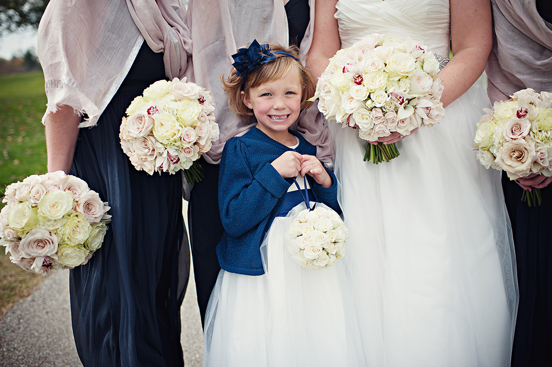  Flower girl pomander with Snow Flake spray roses. Flowers by Cincinnati wedding florist Floral Verde LLC. Image by&nbsp; Leah Robbins Photography . 