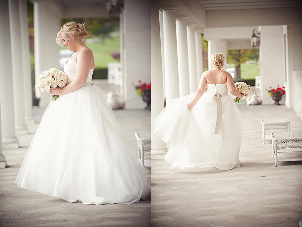 Bridal bouquet with white hydrangea, white mini callas, Snow Flake spray roses, white mini cymbidium orchids, Mondial roses, White O’Hara garden roses, Porcelina spray roses and White Majolica spray roses. Flowers by Cincinnati wedding florist Floral Verde LLC. Images by Leah Robbins Photography . Dearborn Country Club, Aurora, IN.
