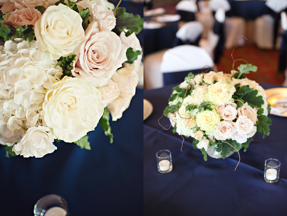  Low centerpiece with curly willow, white hydrangea, Mondial roses, Quicksand roses, Sahara roses, Chablis spray roses, White Majolica spray roses and scented geranium in a mercury glass compote, by Cincinnati wedding florist Floral Verde LLC. Image 