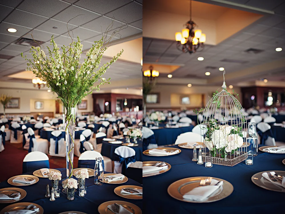 Tall centerpiece with curly willow and white larkspur, accented by low clusters of Quicksand roses in mercury glass vases. Birdcage centerpiece with curly willow, white hydrangea, Mondial roses, Quicksand roses, Sahara roses, Chablis spray roses, White Majolica spray roses, scented geranium and jasmine vine. Flowers by Cincinnati wedding florist Floral Verde LLC. Images by Leah Robbins Photography . Dearborn Country Club, Aurora, IN.