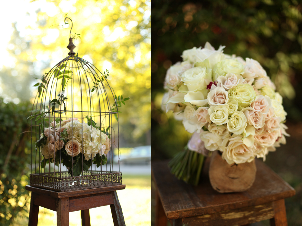 Birdcage centerpiece with curly willow, white hydrangea, Mondial roses, Quicksand roses, Sahara roses, Chablis spray roses, White Majolica spray roses, scented geranium and jasmine vine. Bridal bouquet with white hydrangea, white mini callas, Snow Flake spray roses, white mini cymbidium orchids, Mondial roses, White O’Hara garden roses, Porcelina spray roses and White Majolica spray roses. Flowers by Cincinnati wedding florist Floral Verde LLC. Images by Floral Verde LLC.