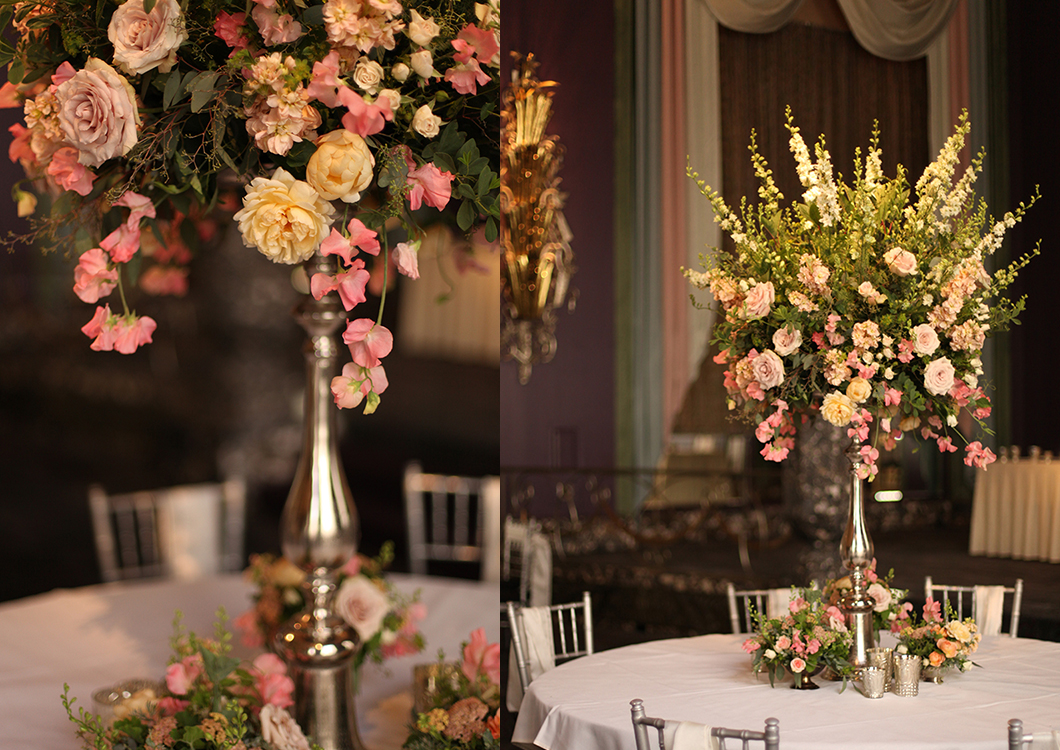  Elevated garden centerpiece in the Continental Room at the Hilton Netherland Plaza Hotel, by Cincinnati wedding florist Floral Verde LLC. Centerpiece contains coral sweet peas, apple blossom yarrow, Ambridge garden roses, Chablis spray roses, aprico