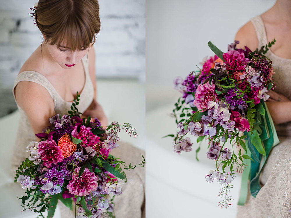  Cascading bridal bouquet with purple Japanese scabiosa, purple hellebores, Silvery Moon Japanese sweet pea, Charlotte ranunculus, peach ranunculus, jasmine vine and blue star fern, accented with vintage velvet and grosgrain cascading ribbons. Images