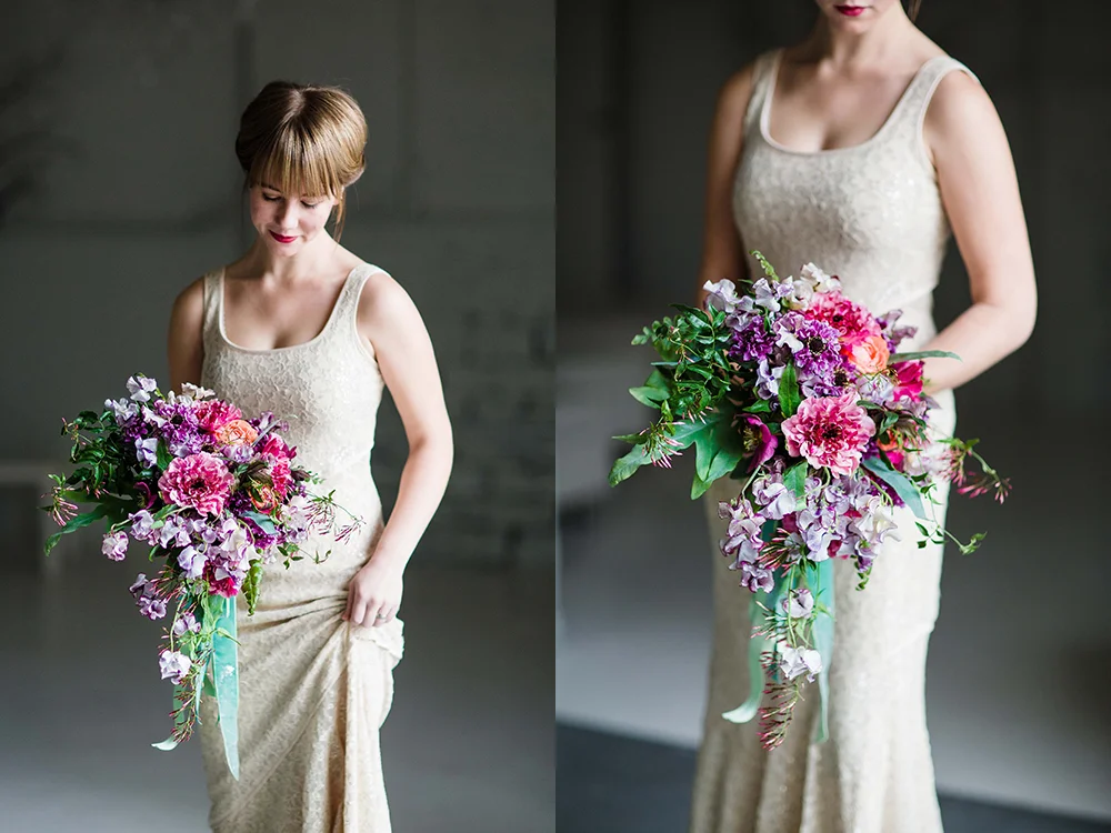  Cascading bridal bouquet with purple Japanese scabiosa, purple hellebores, Silvery Moon Japanese sweet pea, Charlotte ranunculus, peach ranunculus, jasmine vine and blue star fern, accented with vintage velvet and grosgrain cascading ribbons. Images