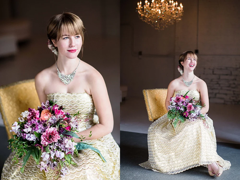  Cascading bridal bouquet with purple Japanese scabiosa, purple hellebores, Silvery Moon Japanese sweet pea, Charlotte ranunculus, peach ranunculus, jasmine vine and blue star fern, accented with vintage velvet and grosgrain cascading ribbons. Images