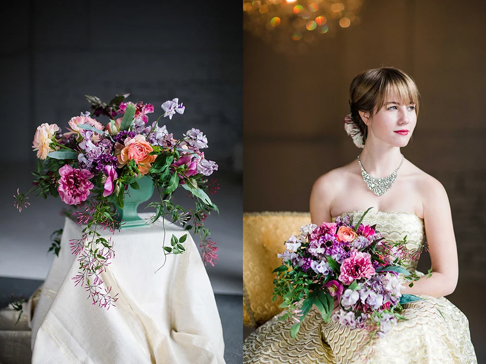  Overflowing centerpiece with purple Japanese scabiosa, purple hellebores, Silvery Moon Japanese sweet pea, Charlotte ranunculus, peach ranunculus, jasmine vine, blue star fern and Alocasia ‘Polly’, in a vintage mint footed bowl.&nbsp;Cascading brida