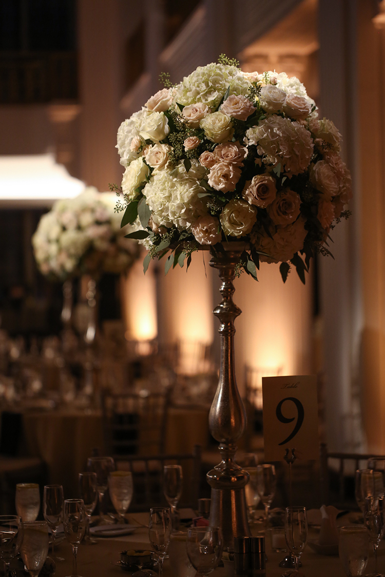 Wedding Reception with tall centerpieces at The Renaissance, Cincinnati, Ohio. Flowers by Floral Verde LLC. Photo by Sherri Barber.