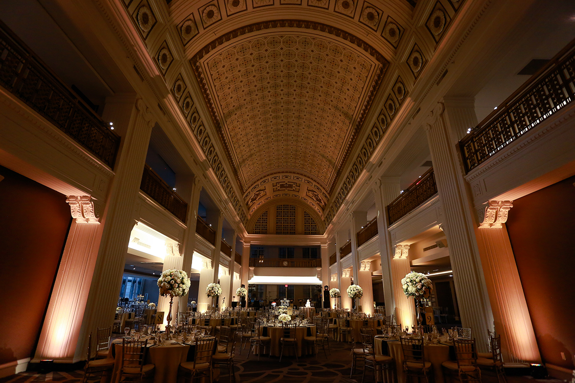 Wedding Reception with tall centerpieces at The Renaissance, Cincinnati, Ohio. Flowers by Floral Verde LLC. Photo by Sherri Barber.