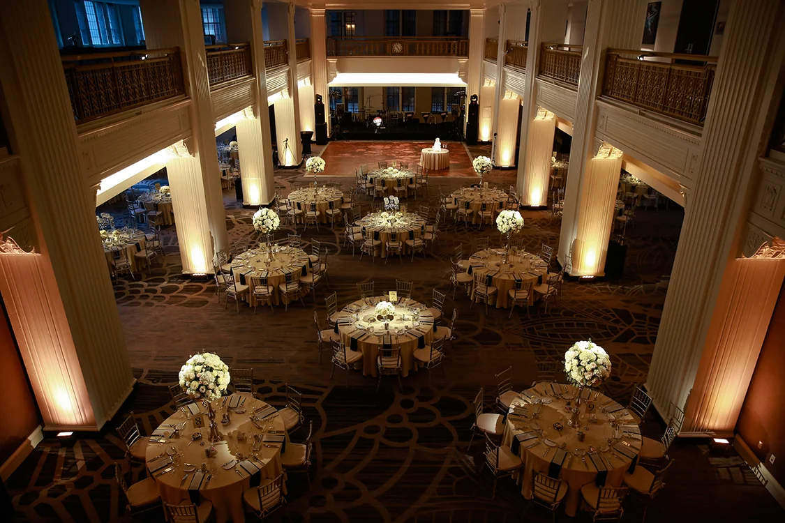 Wedding Reception with tall centerpieces at The Renaissance, Cincinnati, Ohio. Flowers by Floral Verde LLC. Photo by Sherri Barber.