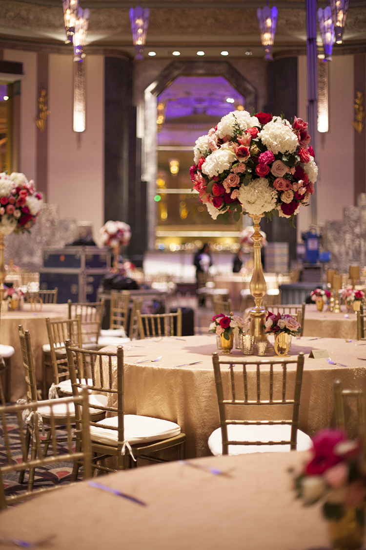 Wedding Reception in the Hall of Mirrors at the Hilton Netherland Plaza Hotel in Cincinnati, Ohio. Flowers by Floral Verde.