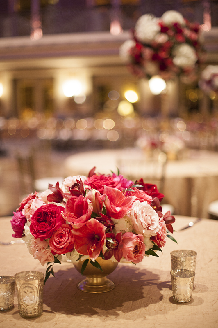 Wedding Reception in the Hall of Mirrors at the Hilton Netherland Plaza Hotel in Cincinnati, Ohio. Flowers by Floral Verde.