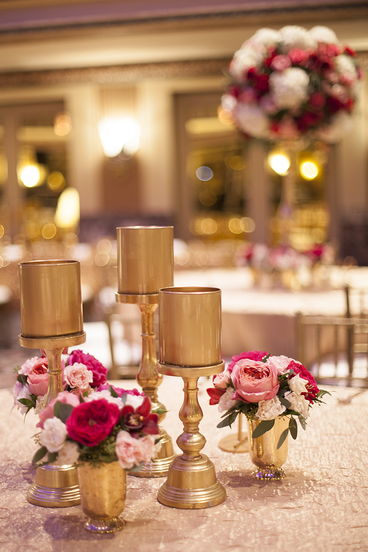 Wedding Reception in the Hall of Mirrors at the Hilton Netherland Plaza Hotel in Cincinnati, Ohio. Flowers by Floral Verde.