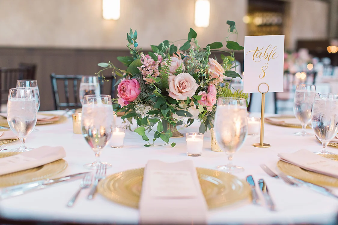 Wedding Reception at at The Monastery Event Center in Cincinnati, Ohio. Flowers by Floral Verde. Photo by Amanda Donaho Photography.
