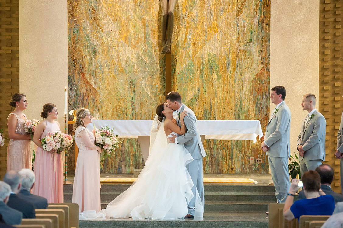 Wedding Ceremony at Mount Saint Joseph University Mater Dei Chapel in Cincinnati, Ohio. Flowers by Floral Verde. Photo by Ben Elsass Photography.