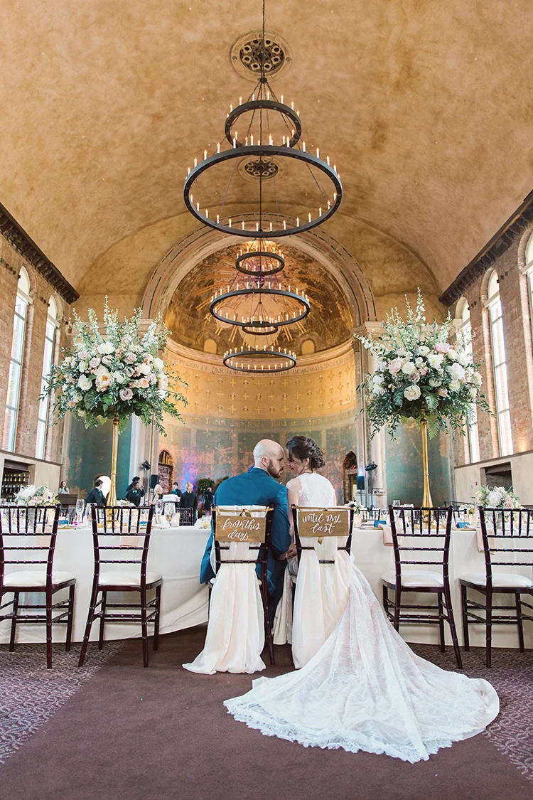 Wedding Reception at at The Monastery Event Center in Cincinnati, Ohio. Flowers by Floral Verde. Photo by Amanda Donaho Photography.