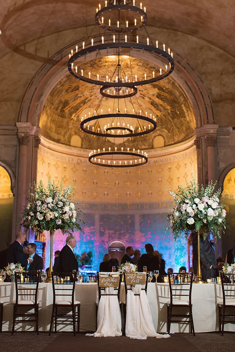 Wedding Reception at at The Monastery Event Center in Cincinnati, Ohio. Flowers by Floral Verde. Photo by Amanda Donaho Photography.